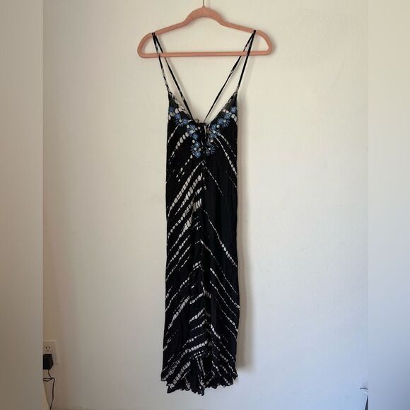 Helen Jon Hand Dyed Embroidered Resort Boho Maxi Dress Black Size S - Picture 3 of 9
